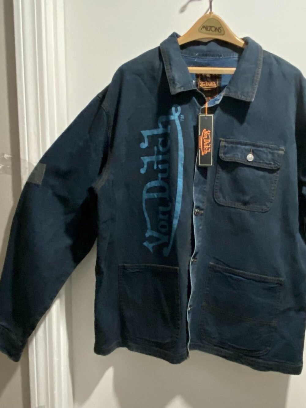 New Von Dutch Dark Wash Embroidered Patches Denim Cotton Barn Chore Jacket 2XL